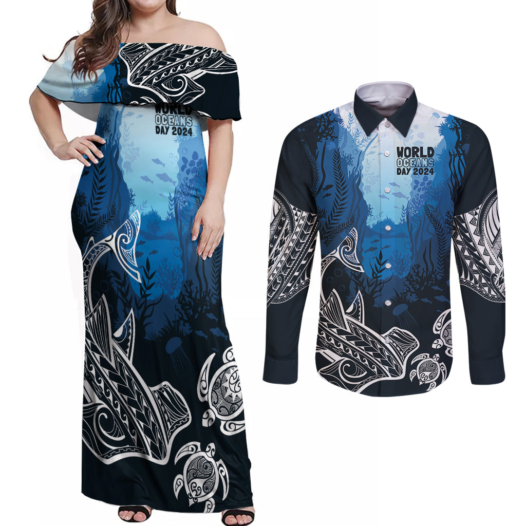 World Ocean Day Pasifika Couples Matching Off Shoulder Maxi Dress and Long Sleeve Button Shirt Awaken New Depths