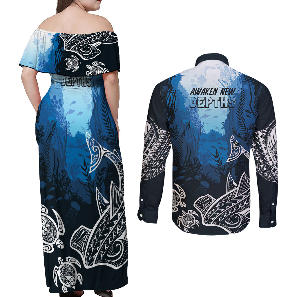 World Ocean Day Pasifika Couples Matching Off Shoulder Maxi Dress and Long Sleeve Button Shirt Awaken New Depths