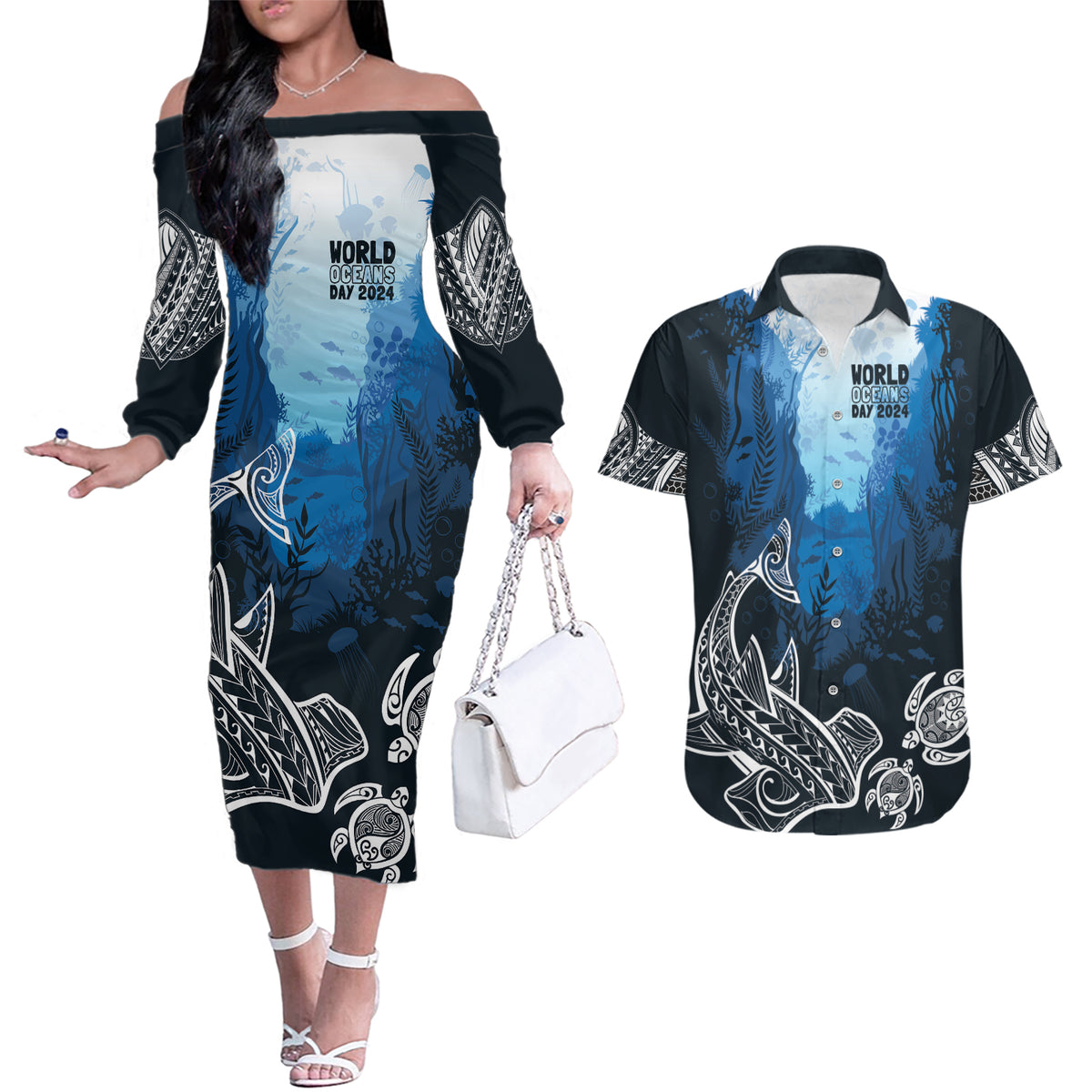 World Ocean Day Pasifika Couples Matching Off The Shoulder Long Sleeve Dress and Hawaiian Shirt Awaken New Depths LT7 Blue - Polynesian Pride