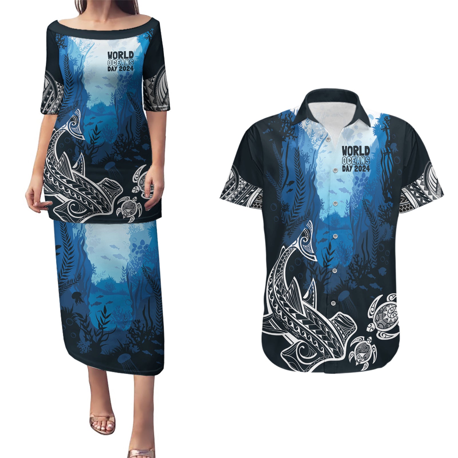 World Ocean Day Pasifika Couples Matching Puletasi and Hawaiian Shirt Awaken New Depths