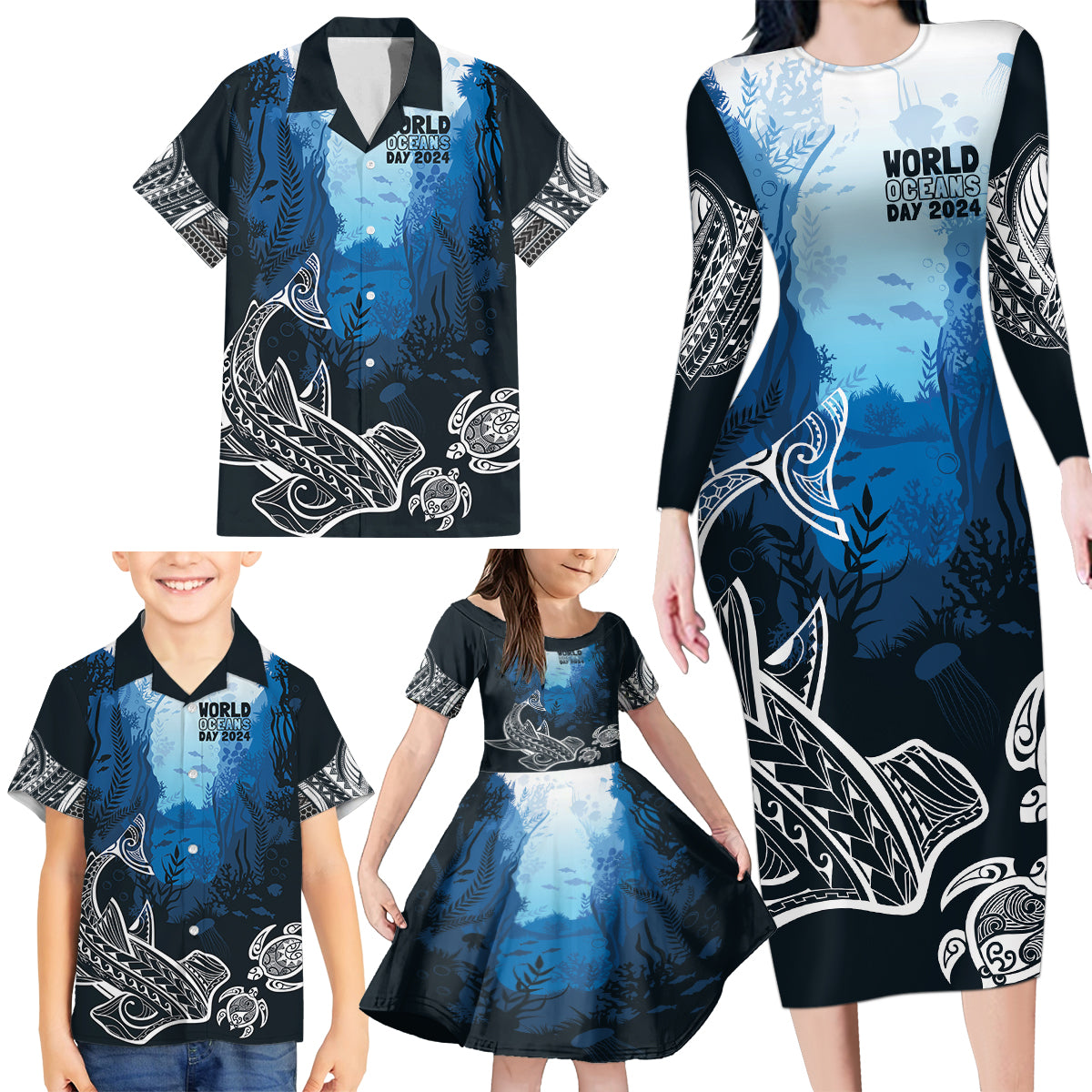 World Ocean Day Pasifika Family Matching Long Sleeve Bodycon Dress and Hawaiian Shirt Awaken New Depths LT7 - Polynesian Pride