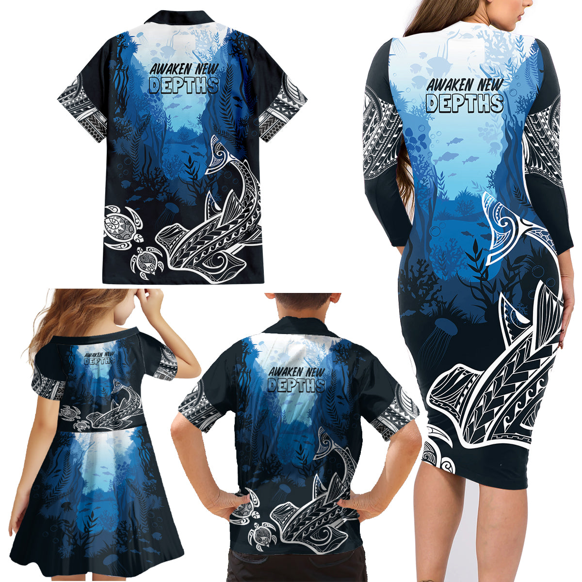 World Ocean Day Pasifika Family Matching Long Sleeve Bodycon Dress and Hawaiian Shirt Awaken New Depths LT7 - Polynesian Pride