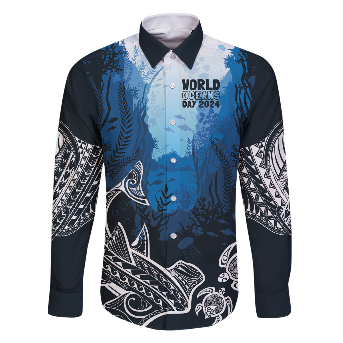 World Ocean Day Pasifika Family Matching Mermaid Dress and Hawaiian Shirt Awaken New Depths LT7 Dad's Shirt - Long Sleeve Blue - Polynesian Pride