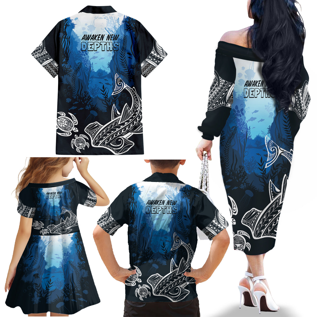 World Ocean Day Pasifika Family Matching Off The Shoulder Long Sleeve Dress and Hawaiian Shirt Awaken New Depths LT7 - Polynesian Pride