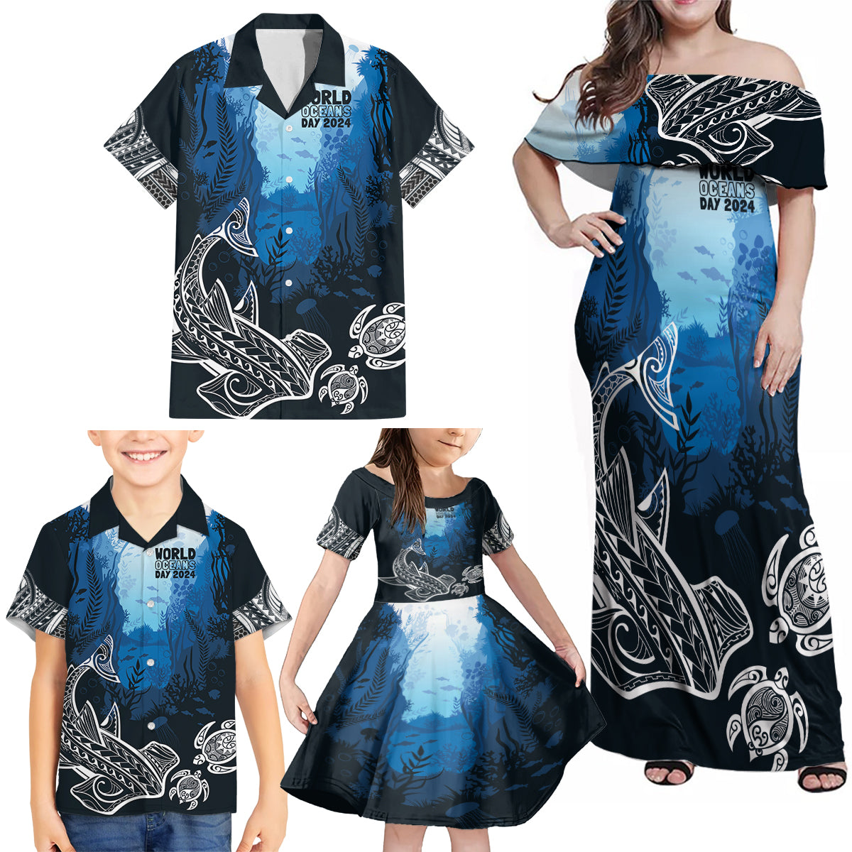 World Ocean Day Pasifika Family Matching Off Shoulder Maxi Dress and Hawaiian Shirt Awaken New Depths LT7 - Polynesian Pride