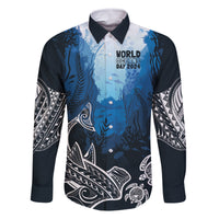 World Ocean Day Pasifika Family Matching Off Shoulder Short Dress and Hawaiian Shirt Awaken New Depths LT7 Dad's Shirt - Long Sleeve Blue - Polynesian Pride