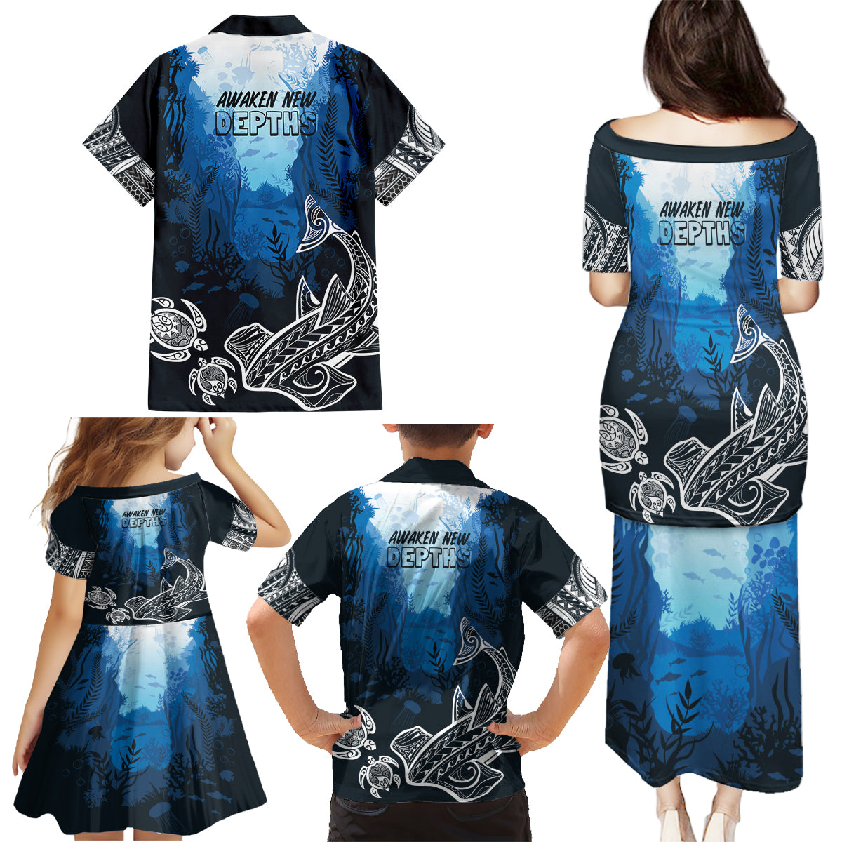 World Ocean Day Pasifika Family Matching Puletasi and Hawaiian Shirt Awaken New Depths LT7 - Polynesian Pride