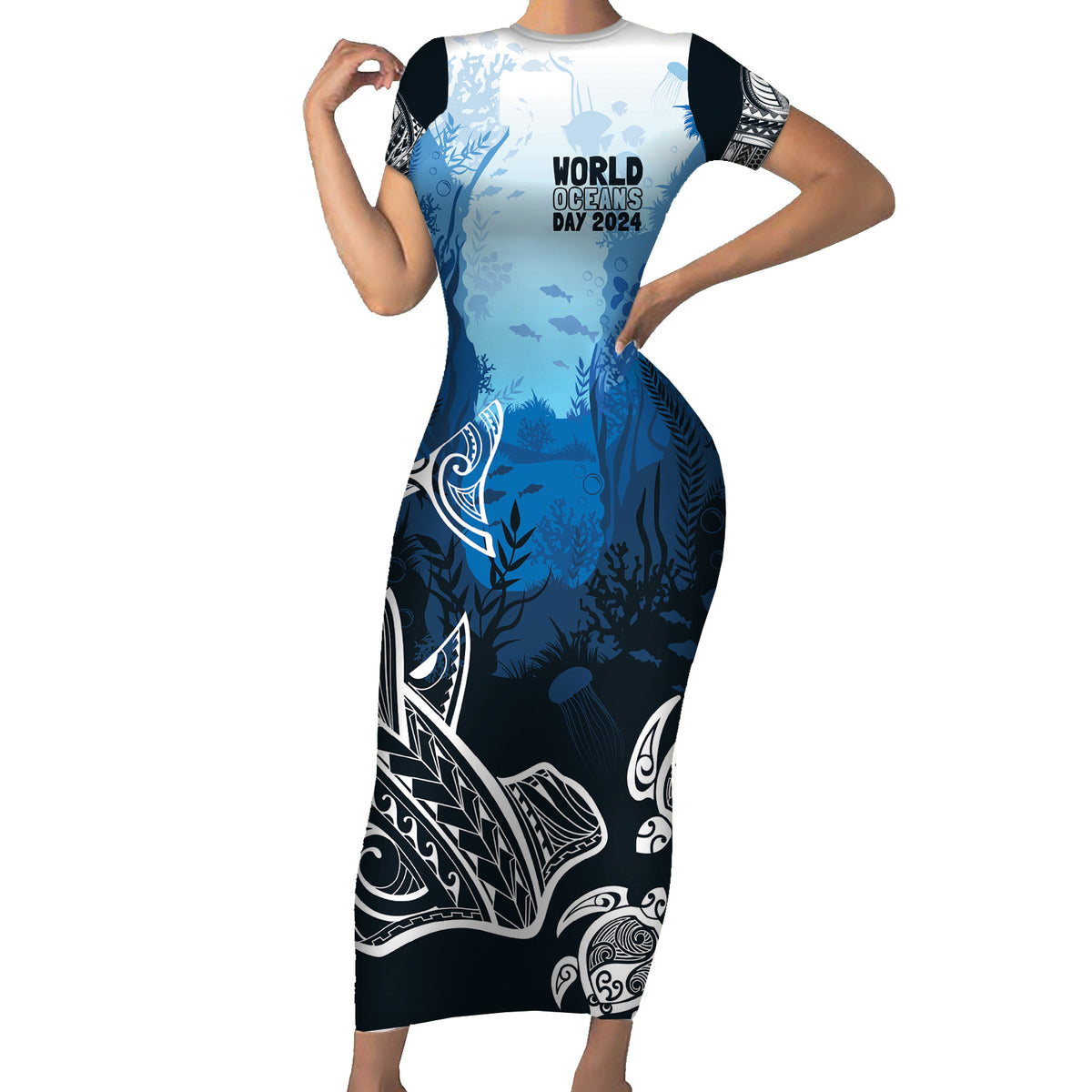 World Ocean Day Pasifika Family Matching Short Sleeve Bodycon Dress and Hawaiian Shirt Awaken New Depths LT7 Mom's Dress Blue - Polynesian Pride