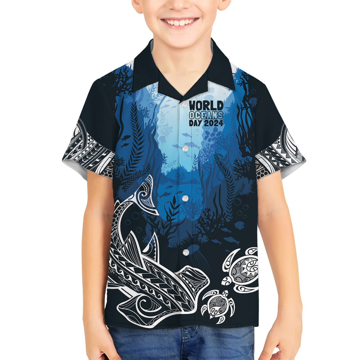 World Ocean Day Pasifika Family Matching Summer Maxi Dress and Hawaiian Shirt Awaken New Depths LT7 Son's Shirt Blue - Polynesian Pride