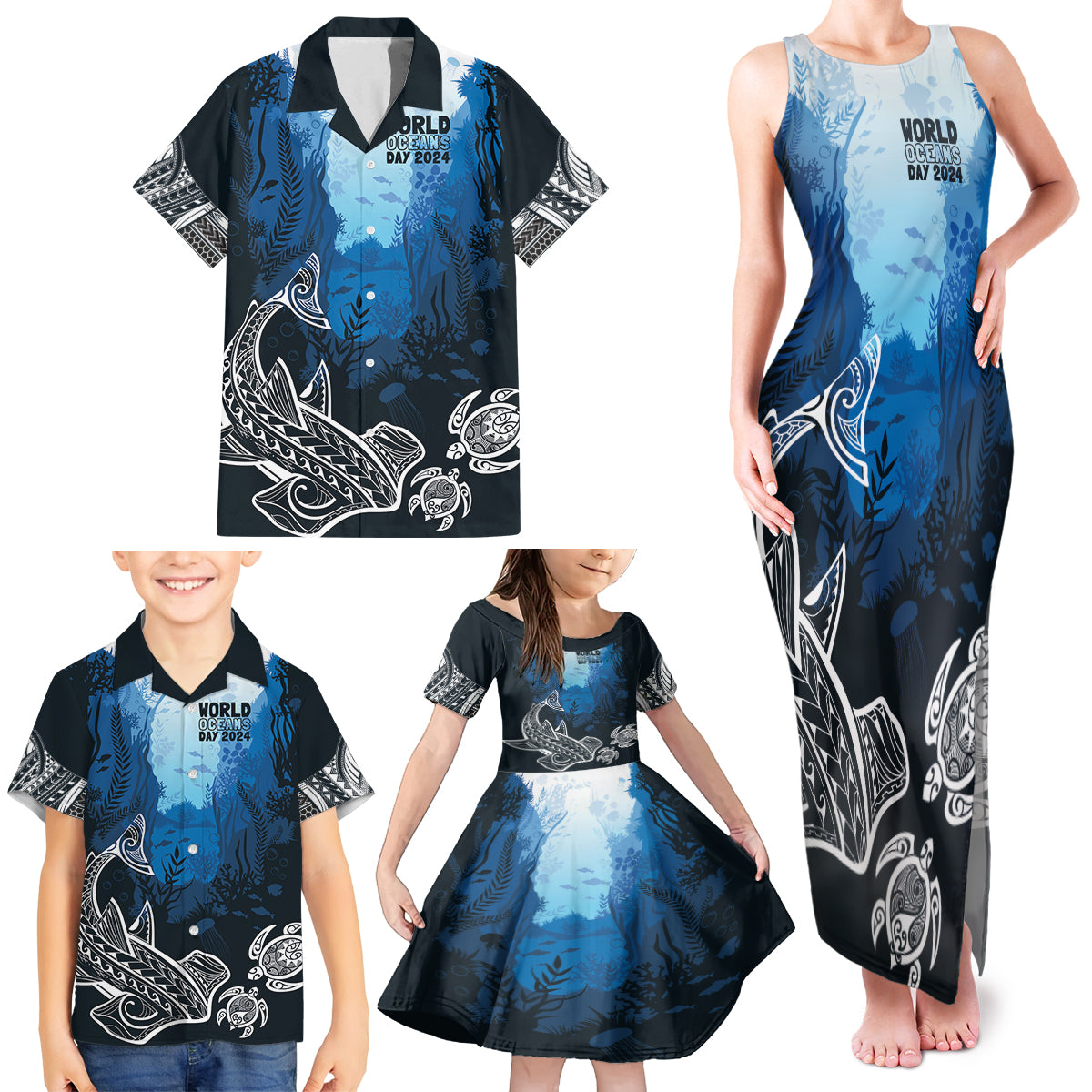 World Ocean Day Pasifika Family Matching Tank Maxi Dress and Hawaiian Shirt Awaken New Depths LT7 - Polynesian Pride