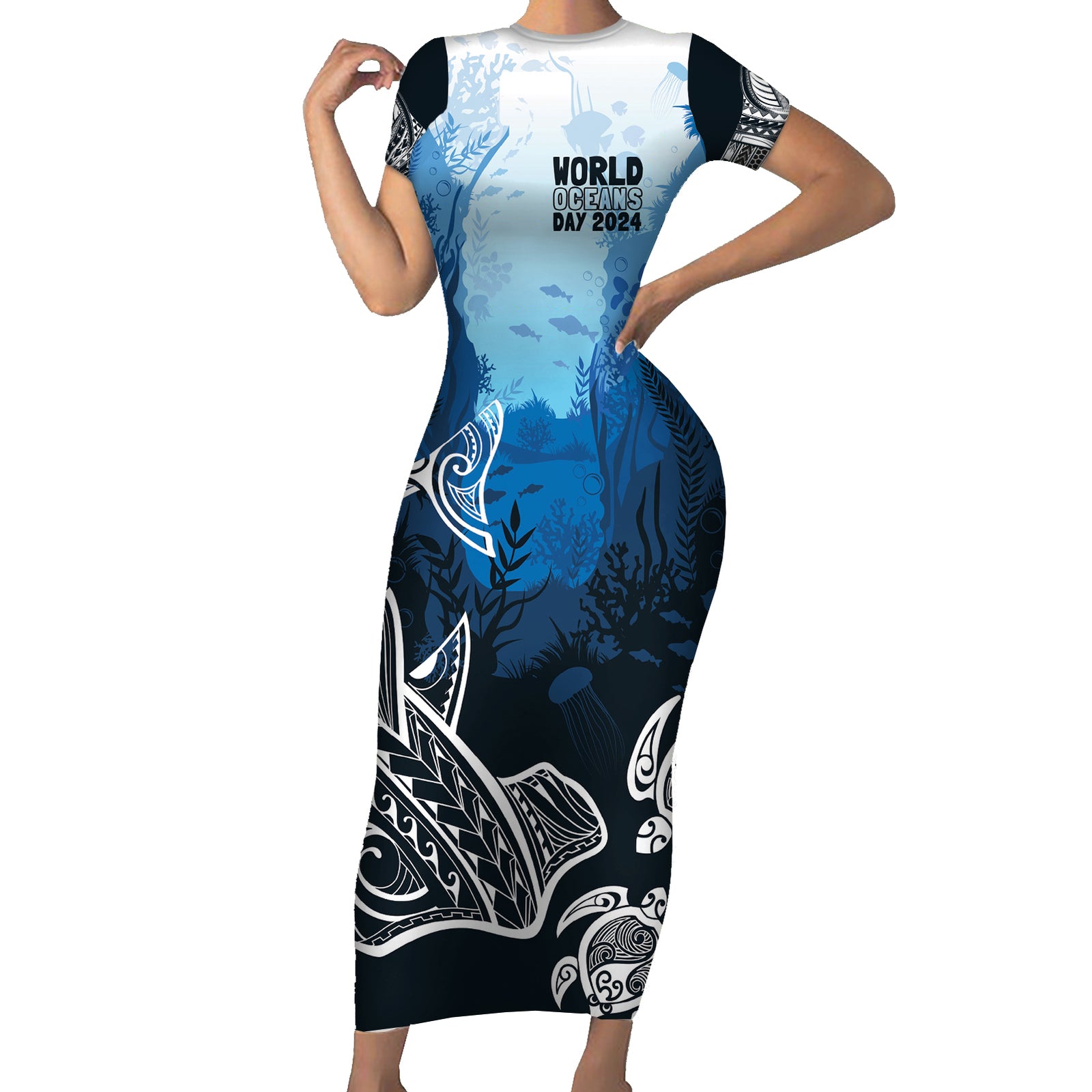 World Ocean Day Pasifika Short Sleeve Bodycon Dress Awaken New Depths LT7 Long Dress Blue - Polynesian Pride