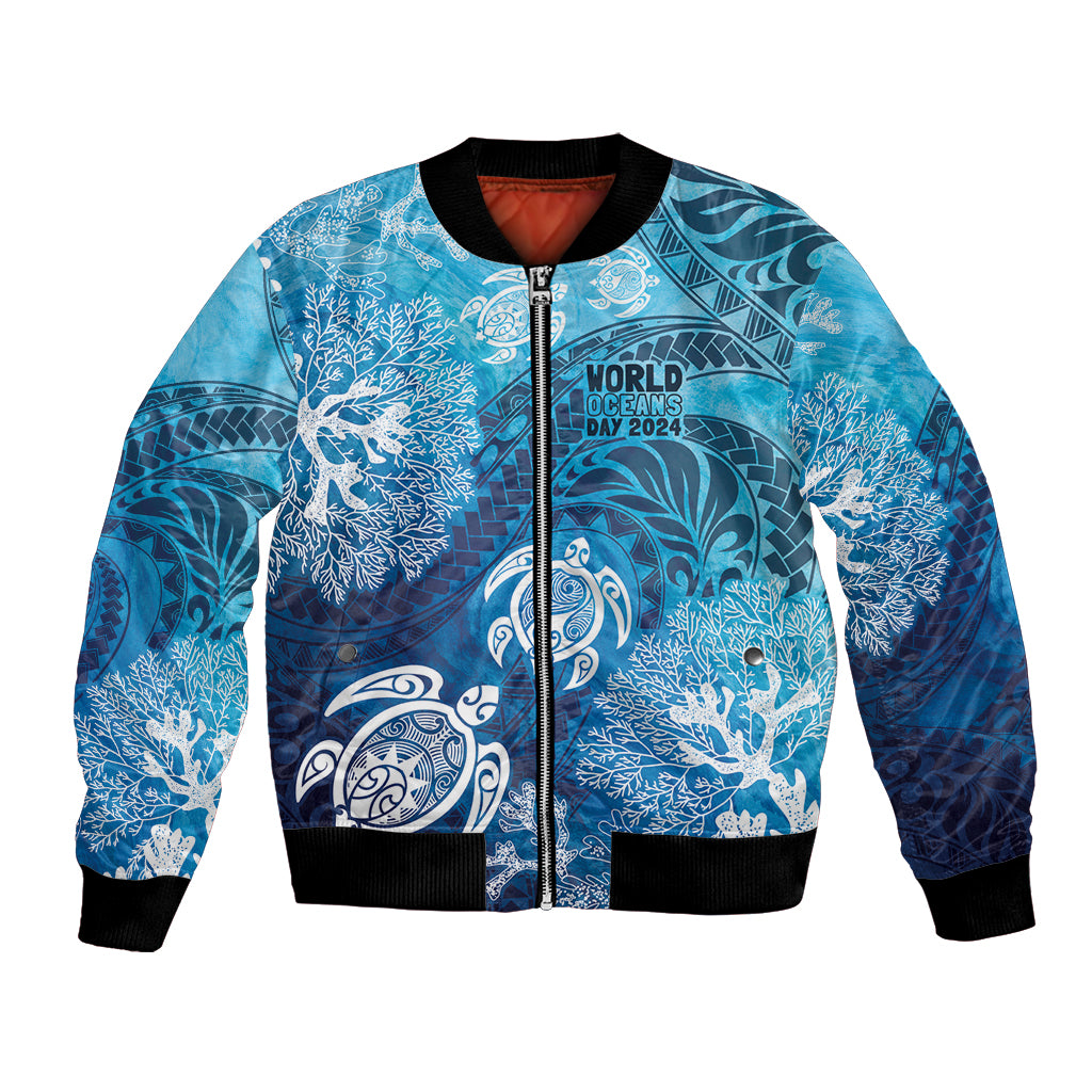 Hawaii World Ocean Day Bomber Jacket Kakau Turtles LT7 Unisex Blue - Polynesian Pride