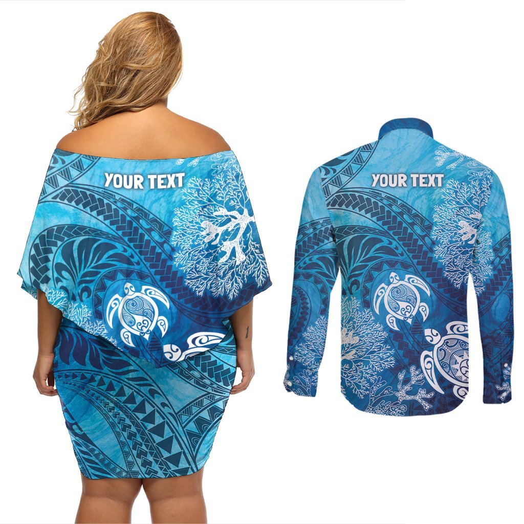 Hawaii World Ocean Day Couples Matching Off Shoulder Short Dress and Long Sleeve Button Shirt Kakau Turtles LT7 - Polynesian Pride
