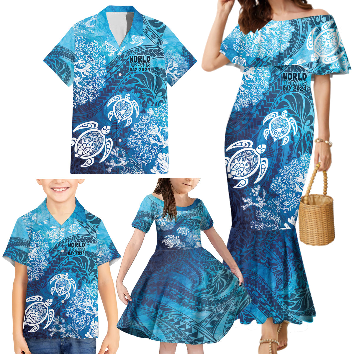 Hawaii World Ocean Day Family Matching Mermaid Dress and Hawaiian Shirt Kakau Turtles LT7 - Polynesian Pride