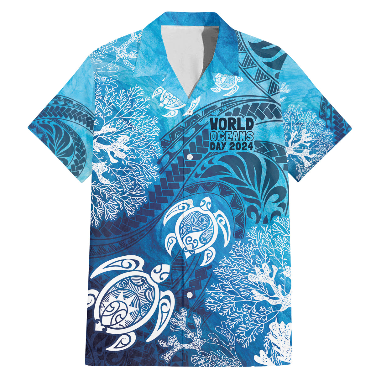 Hawaii World Ocean Day Family Matching Mermaid Dress and Hawaiian Shirt Kakau Turtles LT7 Dad's Shirt - Short Sleeve Blue - Polynesian Pride