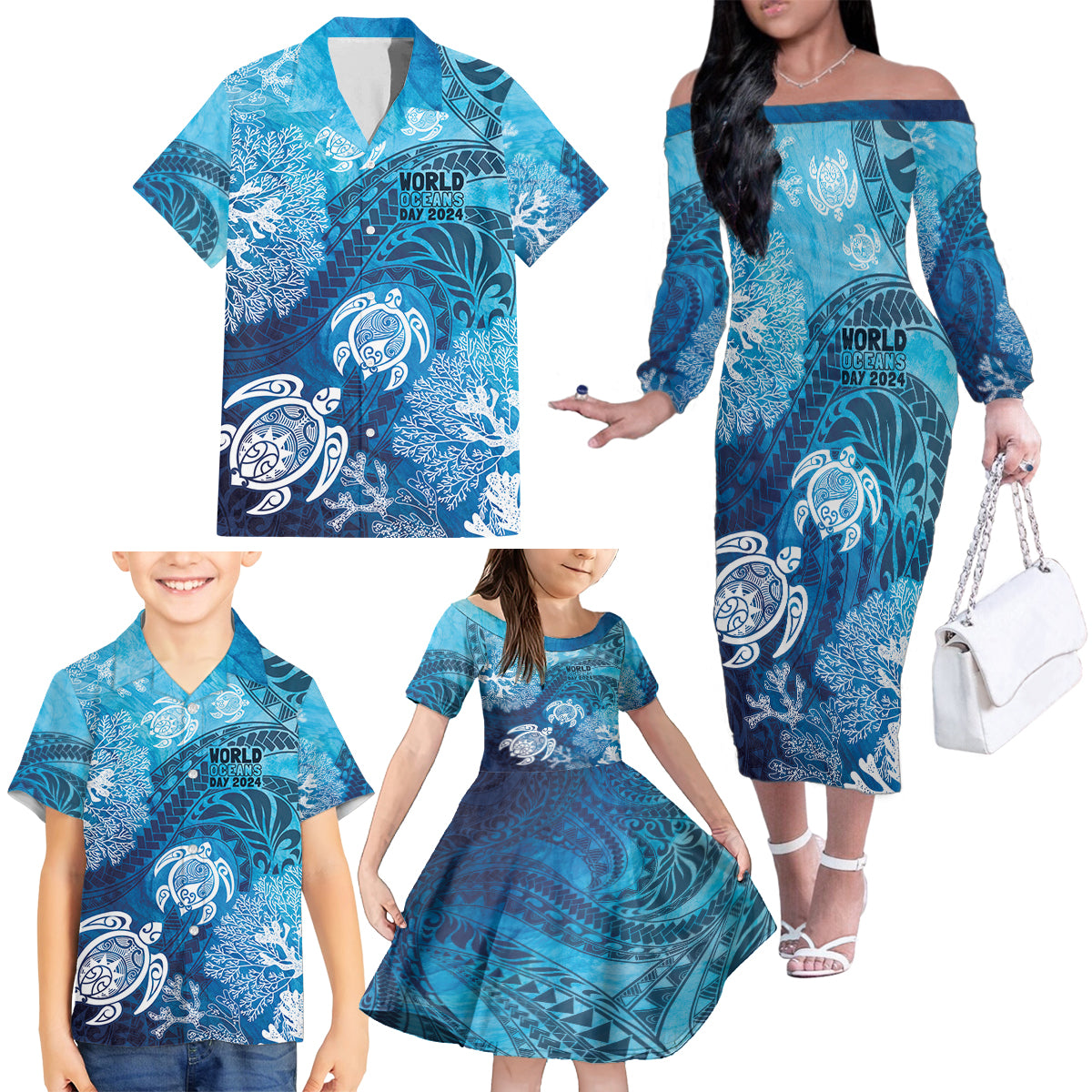 Hawaii World Ocean Day Family Matching Off The Shoulder Long Sleeve Dress and Hawaiian Shirt Kakau Turtles LT7 - Polynesian Pride