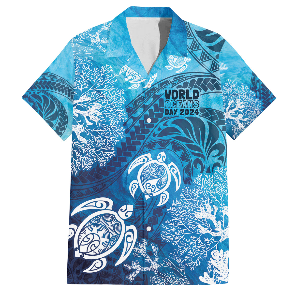 Hawaii World Ocean Day Family Matching Off The Shoulder Long Sleeve Dress and Hawaiian Shirt Kakau Turtles LT7 Dad's Shirt - Short Sleeve Blue - Polynesian Pride