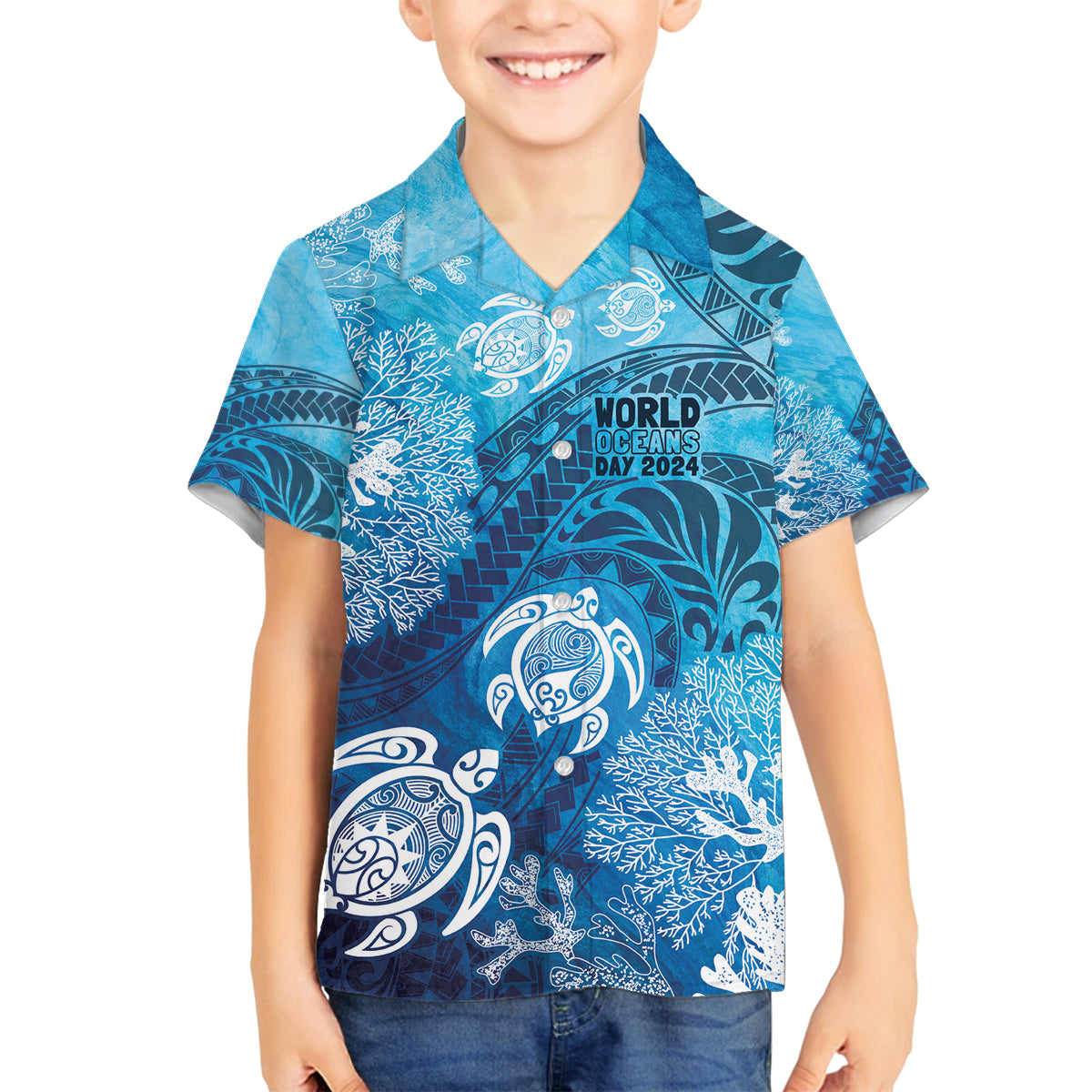 Hawaii World Ocean Day Family Matching Off The Shoulder Long Sleeve Dress and Hawaiian Shirt Kakau Turtles LT7 Son's Shirt Blue - Polynesian Pride