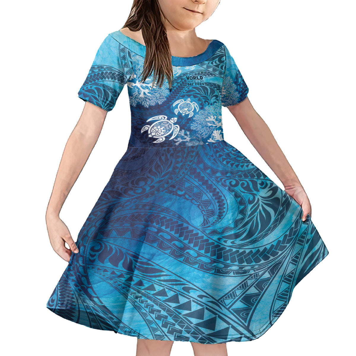 Hawaii World Ocean Day Family Matching Off Shoulder Maxi Dress and Hawaiian Shirt Kakau Turtles LT7 Daughter's Dress Blue - Polynesian Pride