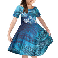 Hawaii World Ocean Day Family Matching Off Shoulder Maxi Dress and Hawaiian Shirt Kakau Turtles LT7 Daughter's Dress Blue - Polynesian Pride