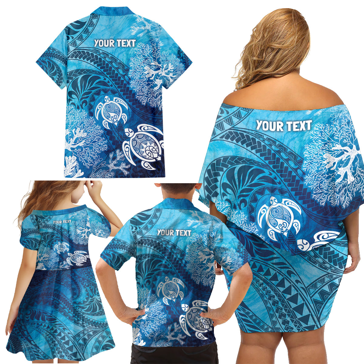 Hawaii World Ocean Day Family Matching Off Shoulder Short Dress and Hawaiian Shirt Kakau Turtles LT7 - Polynesian Pride