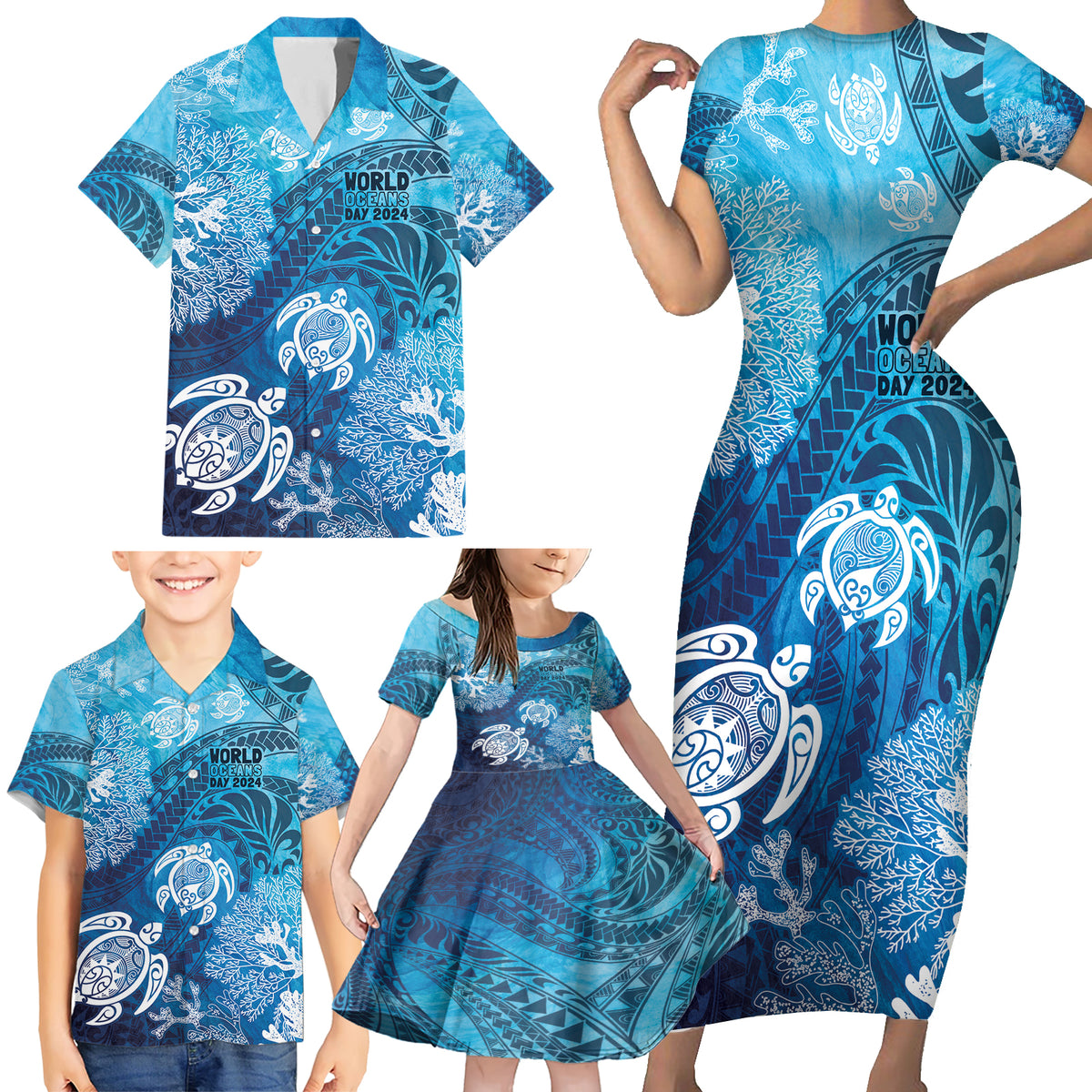 Hawaii World Ocean Day Family Matching Short Sleeve Bodycon Dress and Hawaiian Shirt Kakau Turtles LT7 - Polynesian Pride