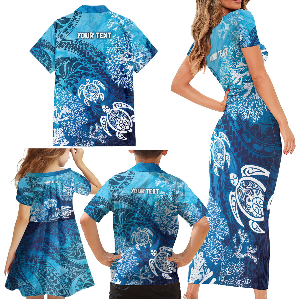 Hawaii World Ocean Day Family Matching Short Sleeve Bodycon Dress and Hawaiian Shirt Kakau Turtles LT7 - Polynesian Pride