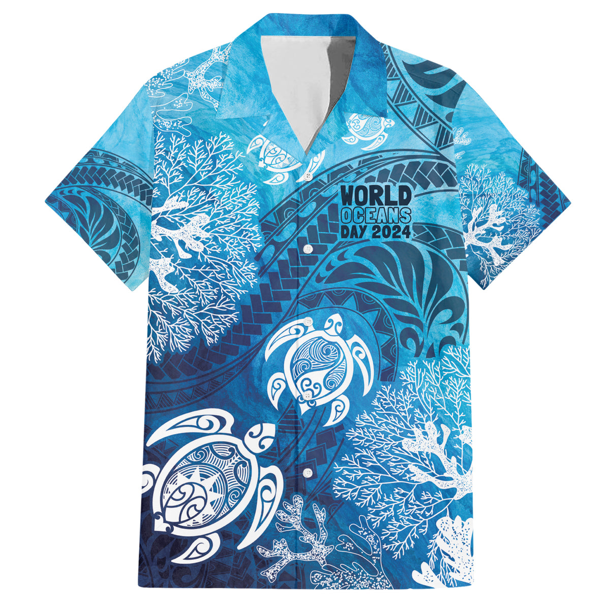 Hawaii World Ocean Day Family Matching Short Sleeve Bodycon Dress and Hawaiian Shirt Kakau Turtles LT7 Dad's Shirt - Short Sleeve Blue - Polynesian Pride