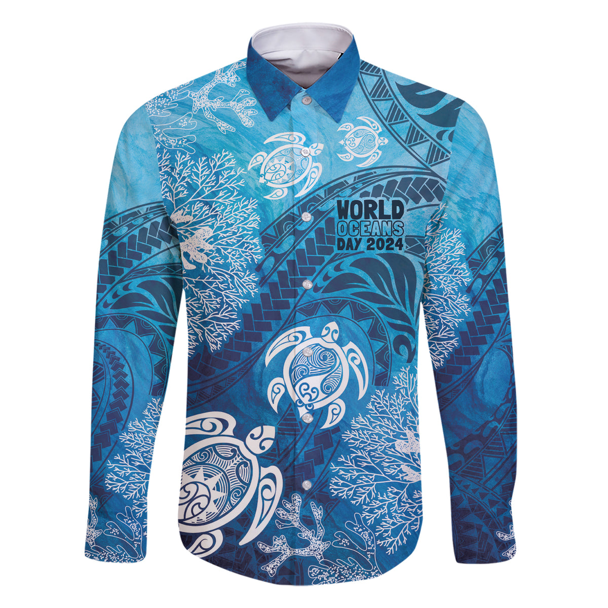 Hawaii World Ocean Day Family Matching Short Sleeve Bodycon Dress and Hawaiian Shirt Kakau Turtles LT7 Dad's Shirt - Long Sleeve Blue - Polynesian Pride