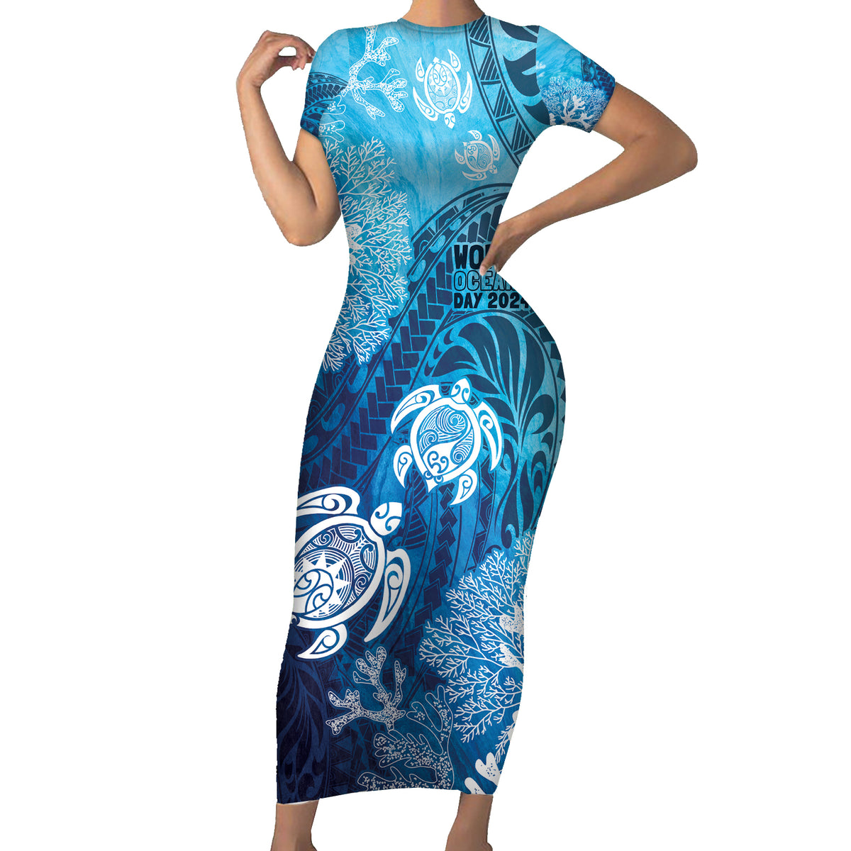 Hawaii World Ocean Day Family Matching Short Sleeve Bodycon Dress and Hawaiian Shirt Kakau Turtles LT7 Mom's Dress Blue - Polynesian Pride
