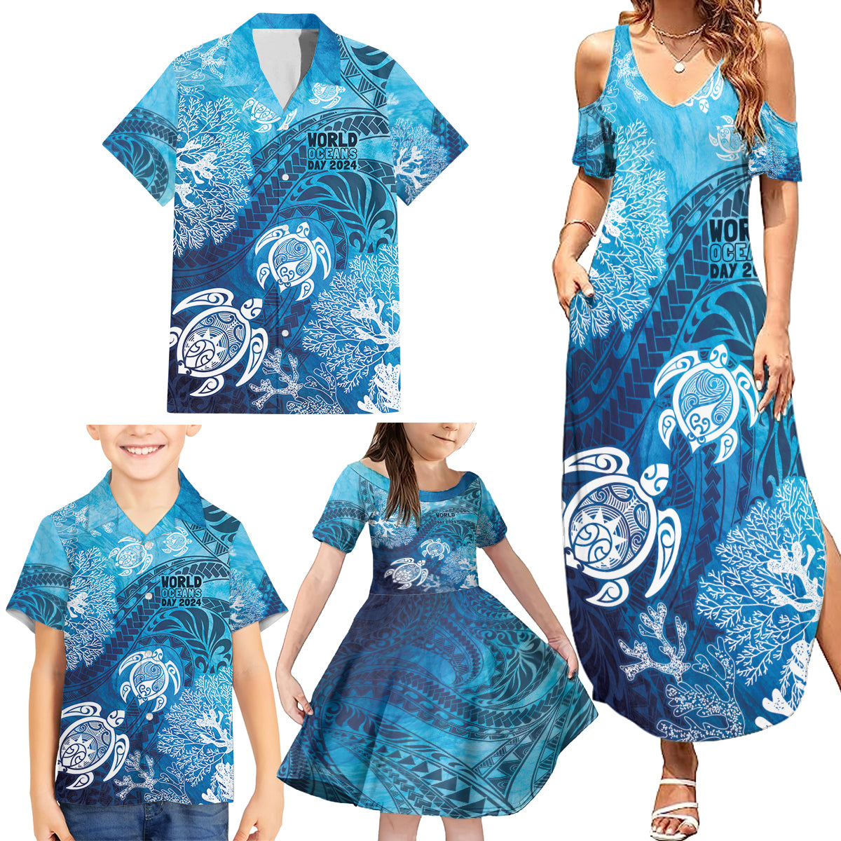 Hawaii World Ocean Day Family Matching Summer Maxi Dress and Hawaiian Shirt Kakau Turtles LT7 - Polynesian Pride