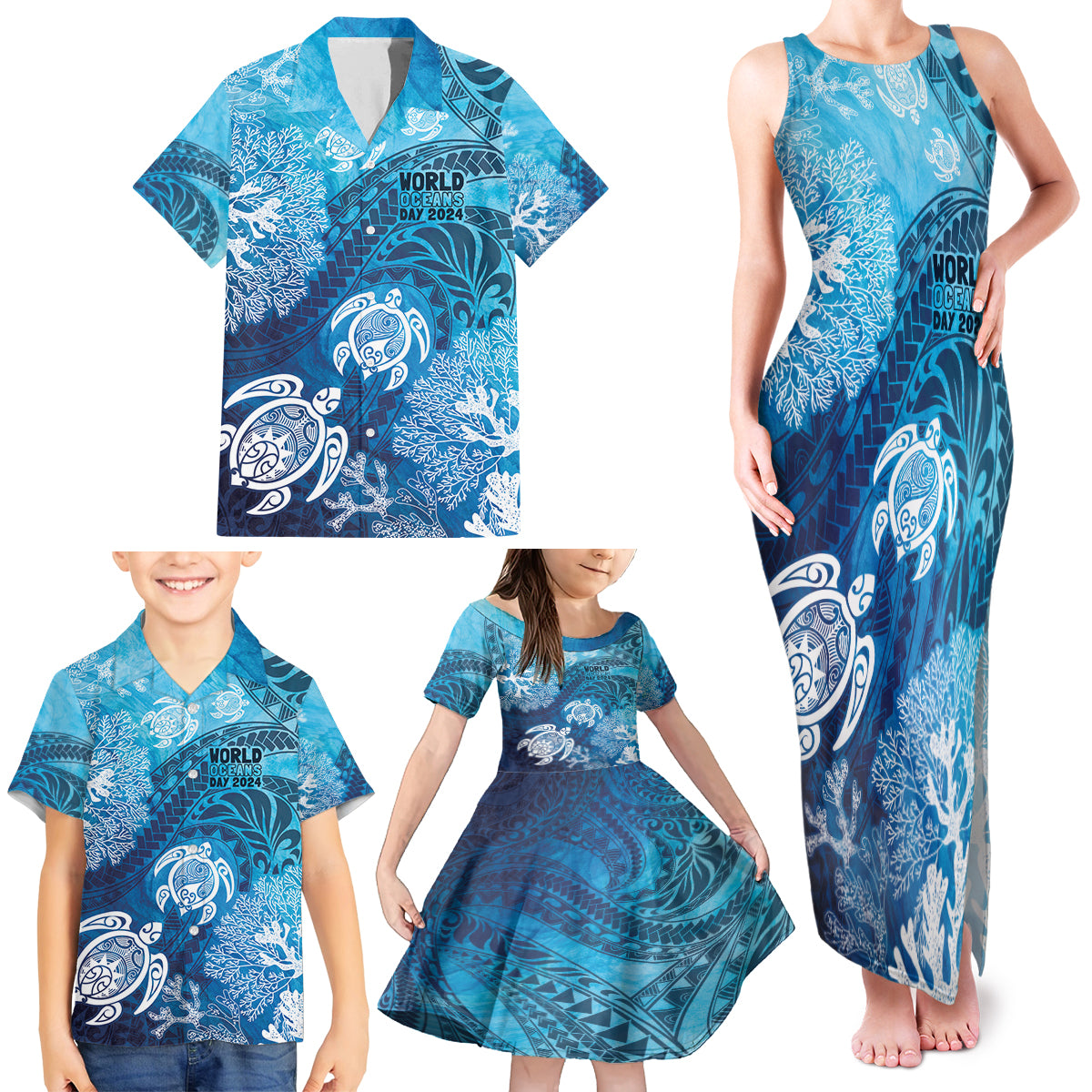 Hawaii World Ocean Day Family Matching Tank Maxi Dress and Hawaiian Shirt Kakau Turtles LT7 - Polynesian Pride