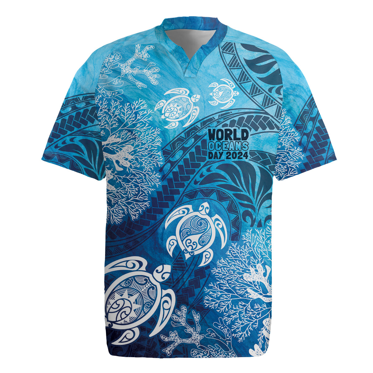 Hawaii World Ocean Day Rugby Jersey Kakau Turtles LT7 Blue - Polynesian Pride