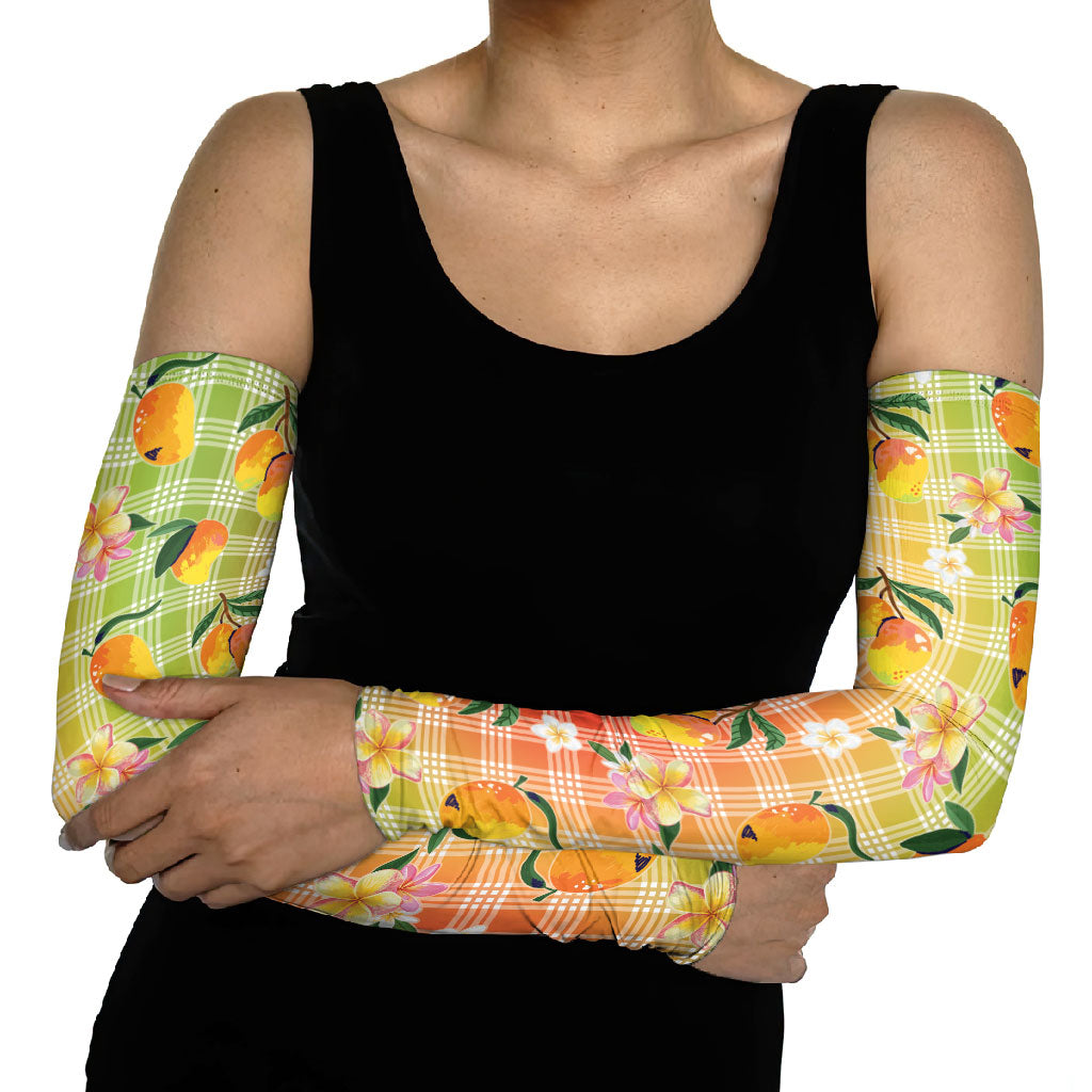 Aloha Hawaii Palaka Print Mango Plumeria Arm Sleeves Tropical Vibes