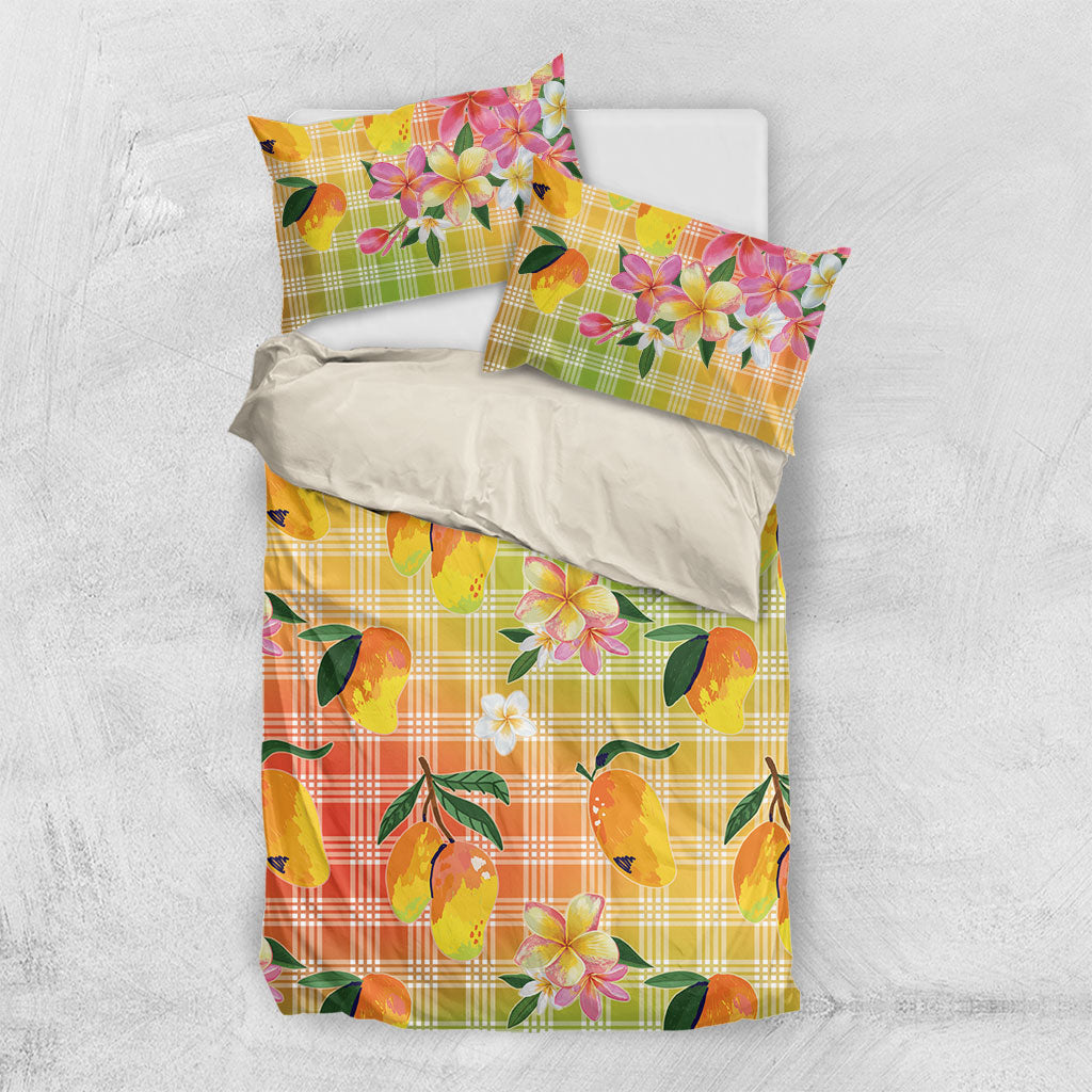 Aloha Hawaii Palaka Print Mango Plumeria Bedding Set Tropical Vibes