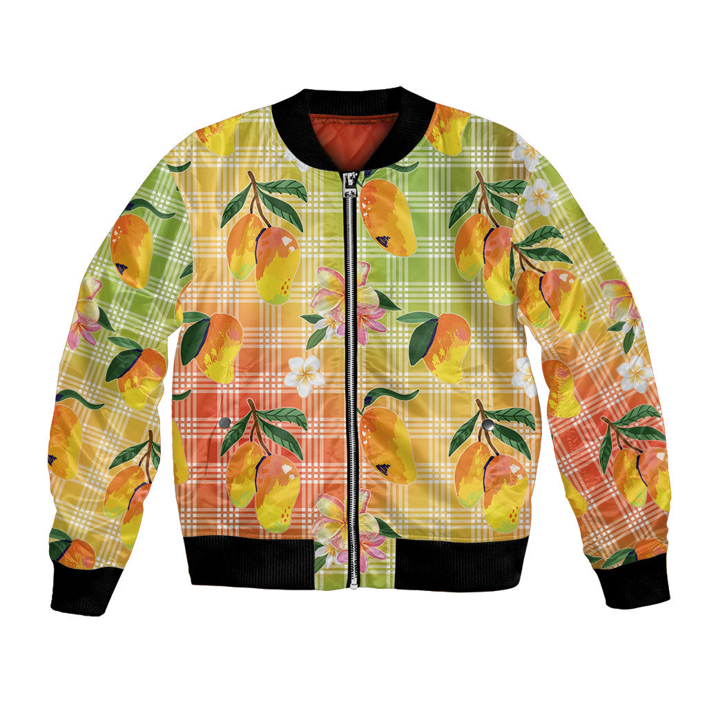 Aloha Hawaii Palaka Print Mango Plumeria Bomber Jacket Tropical Vibes