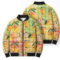 Aloha Hawaii Palaka Print Mango Plumeria Bomber Puffer Jacket Tropical Vibes
