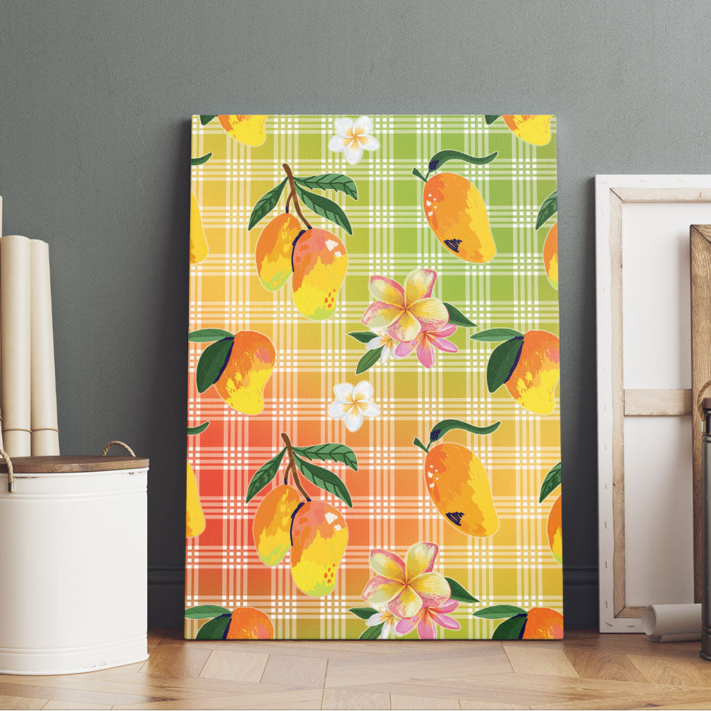 Aloha Hawaii Palaka Print Mango Plumeria Canvas Wall Art Tropical Vibes