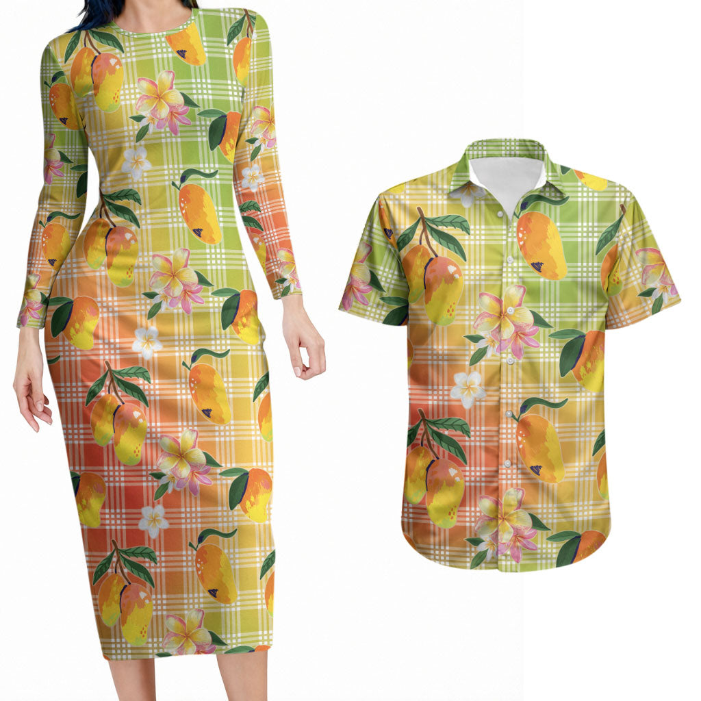 Aloha Hawaii Palaka Print Mango Plumeria Couples Matching Long Sleeve Bodycon Dress and Hawaiian Shirt Tropical Vibes