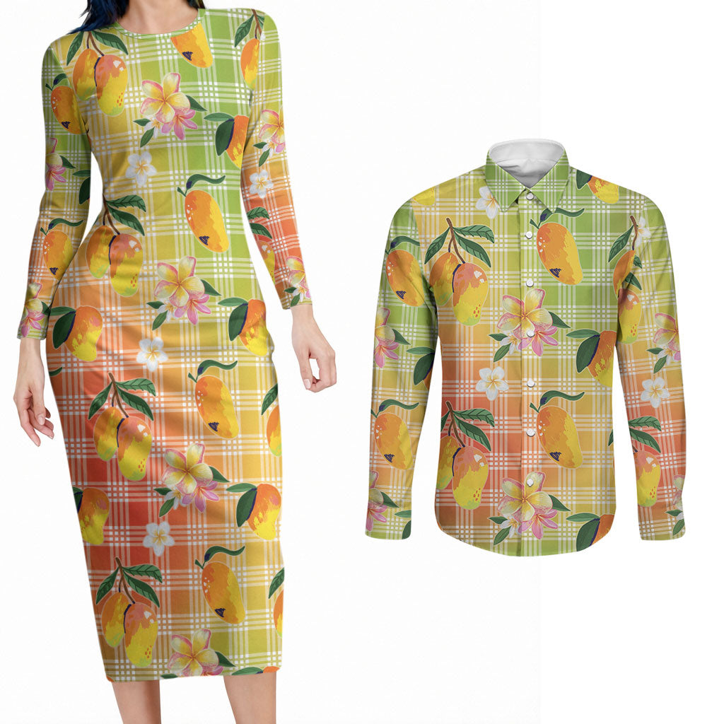Aloha Hawaii Palaka Print Mango Plumeria Couples Matching Long Sleeve Bodycon Dress and Long Sleeve Button Shirt Tropical Vibes
