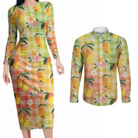 Aloha Hawaii Palaka Print Mango Plumeria Couples Matching Long Sleeve Bodycon Dress and Long Sleeve Button Shirt Tropical Vibes