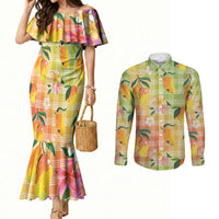 Aloha Hawaii Palaka Print Mango Plumeria Couples Matching Mermaid Dress and Long Sleeve Button Shirt Tropical Vibes