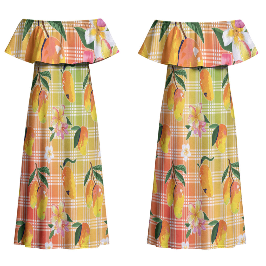 Aloha Hawaii Palaka Print Mango Plumeria Couples Matching Off Shoulder Maxi Dress and Hawaiian Shirt Tropical Vibes