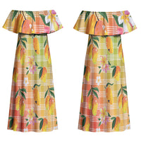 Aloha Hawaii Palaka Print Mango Plumeria Couples Matching Off Shoulder Maxi Dress and Hawaiian Shirt Tropical Vibes