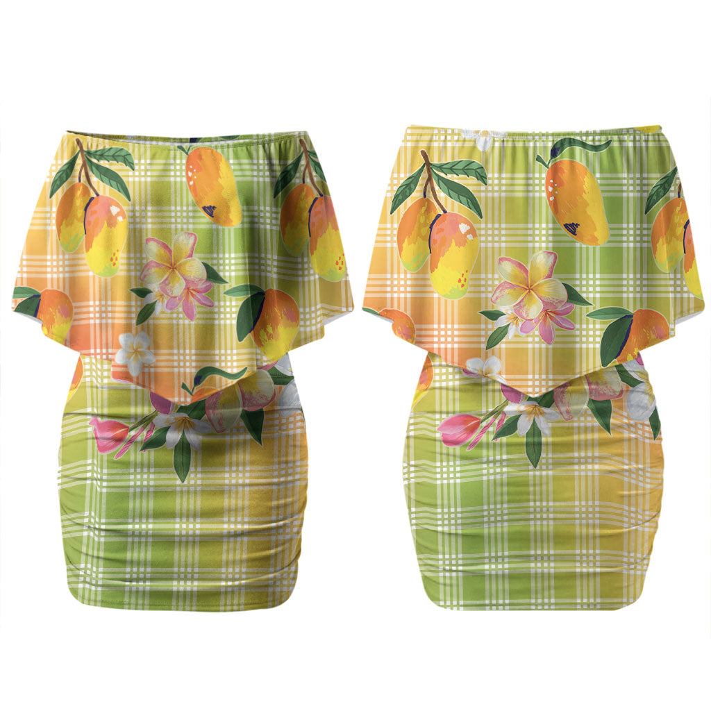 Aloha Hawaii Palaka Print Mango Plumeria Couples Matching Off Shoulder Short Dress and Long Sleeve Button Shirt Tropical Vibes
