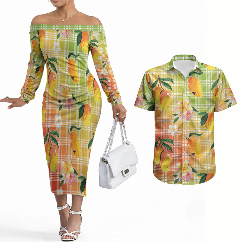 Aloha Hawaii Palaka Print Mango Plumeria Couples Matching Off The Shoulder Long Sleeve Dress and Hawaiian Shirt Tropical Vibes