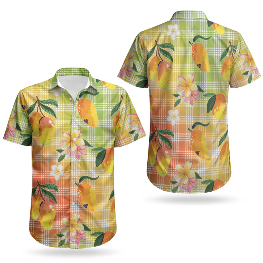 Aloha Hawaii Palaka Print Mango Plumeria Couples Matching Off The Shoulder Long Sleeve Dress and Hawaiian Shirt Tropical Vibes