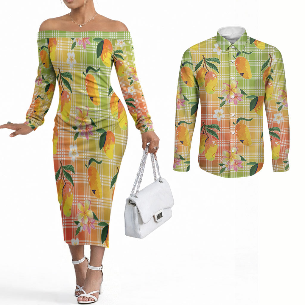 Aloha Hawaii Palaka Print Mango Plumeria Couples Matching Off The Shoulder Long Sleeve Dress and Long Sleeve Button Shirt Tropical Vibes