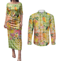 Aloha Hawaii Palaka Print Mango Plumeria Couples Matching Puletasi and Long Sleeve Button Shirt Tropical Vibes