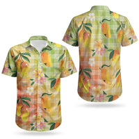 Aloha Hawaii Palaka Print Mango Plumeria Couples Matching Short Sleeve Bodycon Dress and Hawaiian Shirt Tropical Vibes